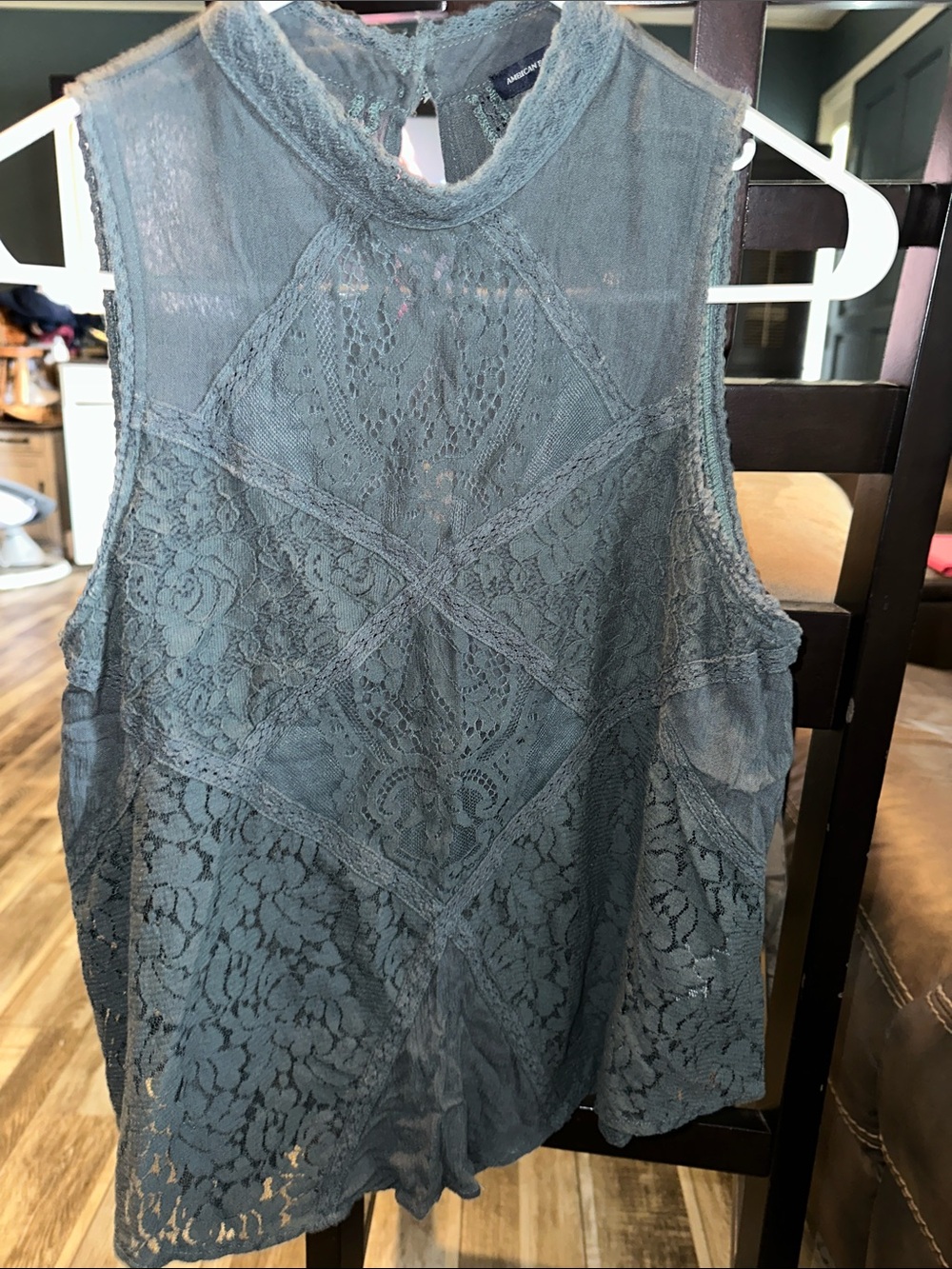 American Eagle Outfitters Dusty Blue Lace High Neck Sleeveless Camisole